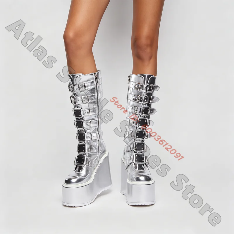 Metallic Silver Multi Buckle Knee High Platform Boots Full Adjustable Strap Shaft Gloss Punk Wedge Booties Cyber Goth Boots
Metallic Silver Multi Buckle Knee High Platform Boots Full Adjustable Strap Shaft Gloss Punk Wedge Booties Cyber Goth Boots