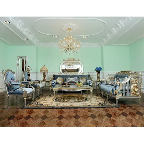 Sofá italiano clásico francés de lujo, madera maciza tallada a mano, hoja de plata y oro dorada, juego de sofás para sala de estar de 7 secciones
