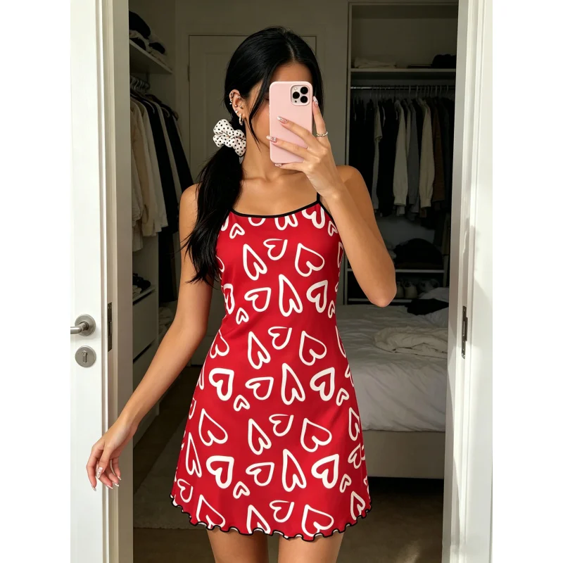 Women Summer Nightdress Spaghetti Strap Ruffle Trim Round Neck Home Loungewear Sleep Dress Cute Heart Print
Women Summer Nightdress Spaghetti Strap Ruffle Trim Round Neck Home Loungewear Sleep Dress Cute Heart Print