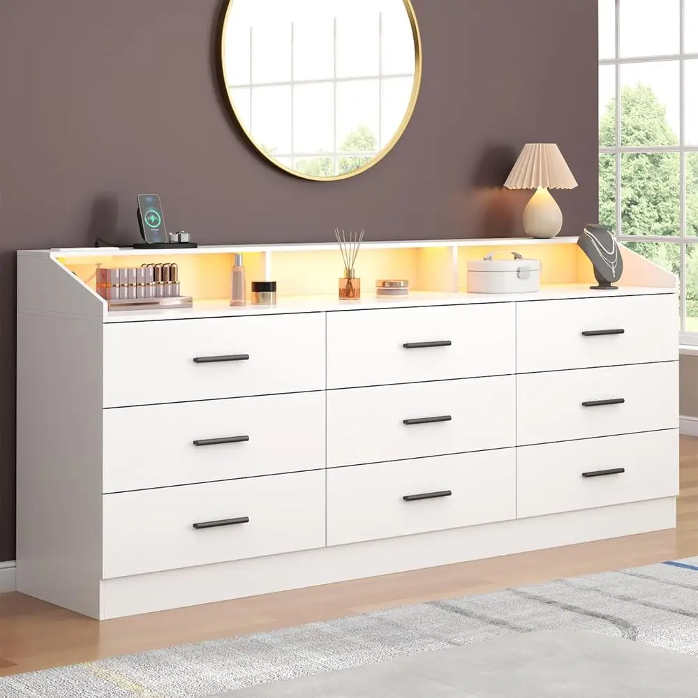 9-Drawer Dresser with Power Outlet, LED-lit Chest, Storage Drawers, Open Storage Cubby, Organizer, Suitable for Bedroom, Entrywa
9-Drawer Dresser with Power Outlet, LED-lit Chest, Storage Drawers, Open Storage Cubby, Organizer, Suitable for Bedroom, Entrywa