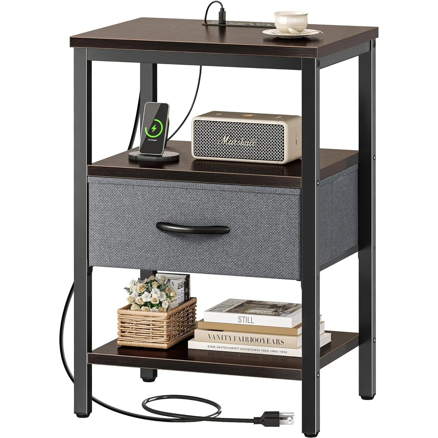 Nightstand with Charging Station, Bed Side Table with Adjustable Fabric Drawer, Night Stand for Bedroom, 3-Tier Storage 
Nightstand with Charging Station, Bed Side Table with Adjustable Fabric Drawer, Night Stand for Bedroom, 3-Tier Storage