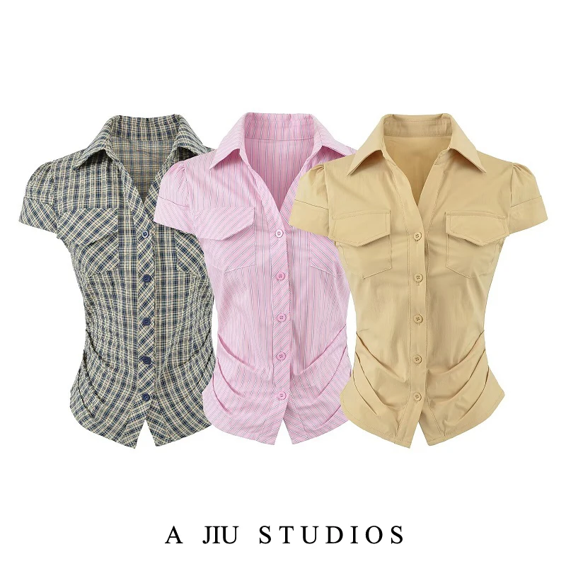 Korean Style Short Sleeve Shirt Women's Slim Fit Design Waist Cinched Plaid Splicing Turn-down Collar Waist-cinching Top
Korean Style Short Sleeve Shirt Women's Slim Fit Design Waist Cinched Plaid Splicing Turn-down Collar Waist-cinching Top