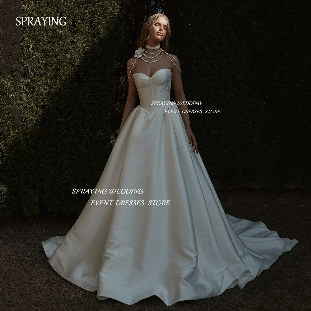 SPRAYING Elegant A Line Satin Wedding Dresses Sweetheart Bride Dress Formal Boho Beach Bridal Gown Customized Without Necklace
SPRAYING Elegant A Line Satin Wedding Dresses Sweetheart Bride Dress Formal Boho Beach Bridal Gown Customized Without Necklace