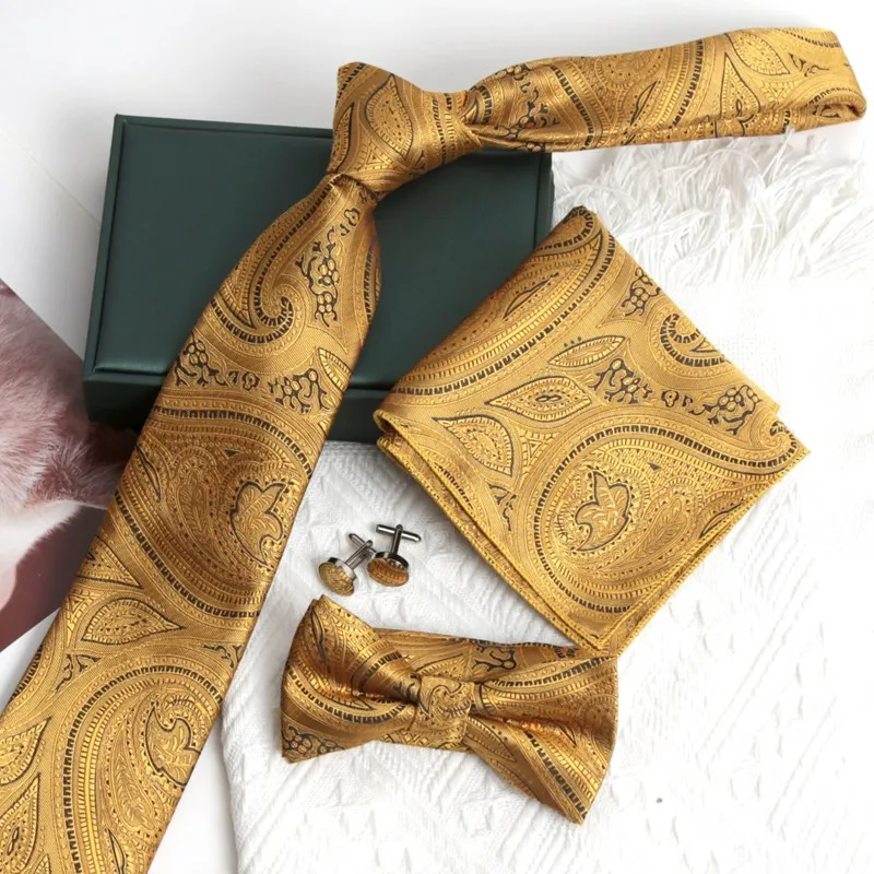 Luxury Gold Color Tie Cufflink Cravat Bowtie Set Wedding Ties Gifts for Men Handky Elegant Necktie Designer Business Accessories
Luxury Gold Color Tie Cufflink Cravat Bowtie Set Wedding Ties Gifts for Men Handky Elegant Necktie Designer Business Accessories
