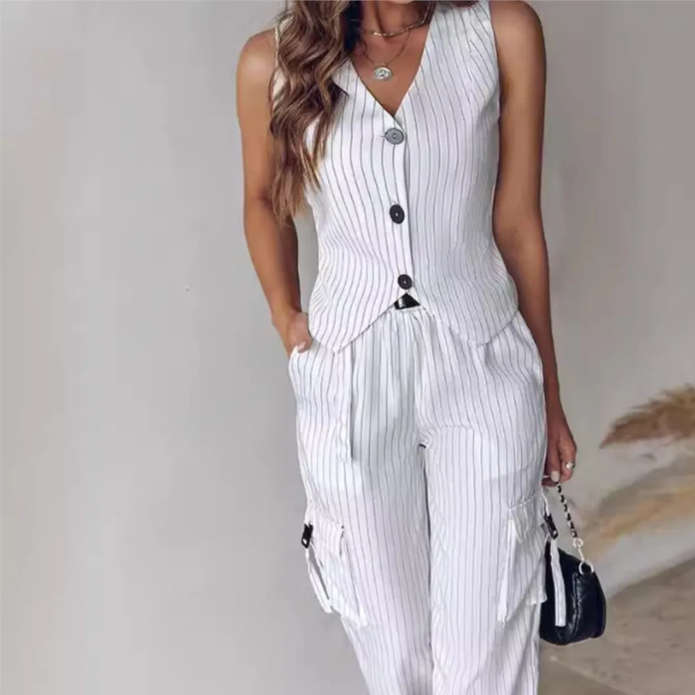Women's Fashion Striped Printed Vest Trousers 2-Piece Set Spring Summer New Casual Sleeveless Vest Pocket Work Pants Female Set
Women's Fashion Striped Printed Vest Trousers 2-Piece Set Spring Summer New Casual Sleeveless Vest Pocket Work Pants Female Set