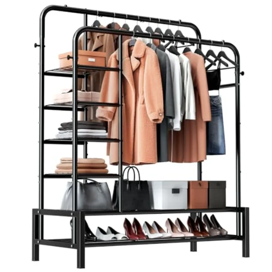 Clothes Rack Double Rods Clothing Rack with 2 Bottom Shelves and 4 Side Shelves Metal Garment Rack for Hanging Clothes Heavy Du
Clothes Rack Double Rods Clothing Rack with 2 Bottom Shelves and 4 Side Shelves Metal Garment Rack for Hanging Clothes Heavy Du
