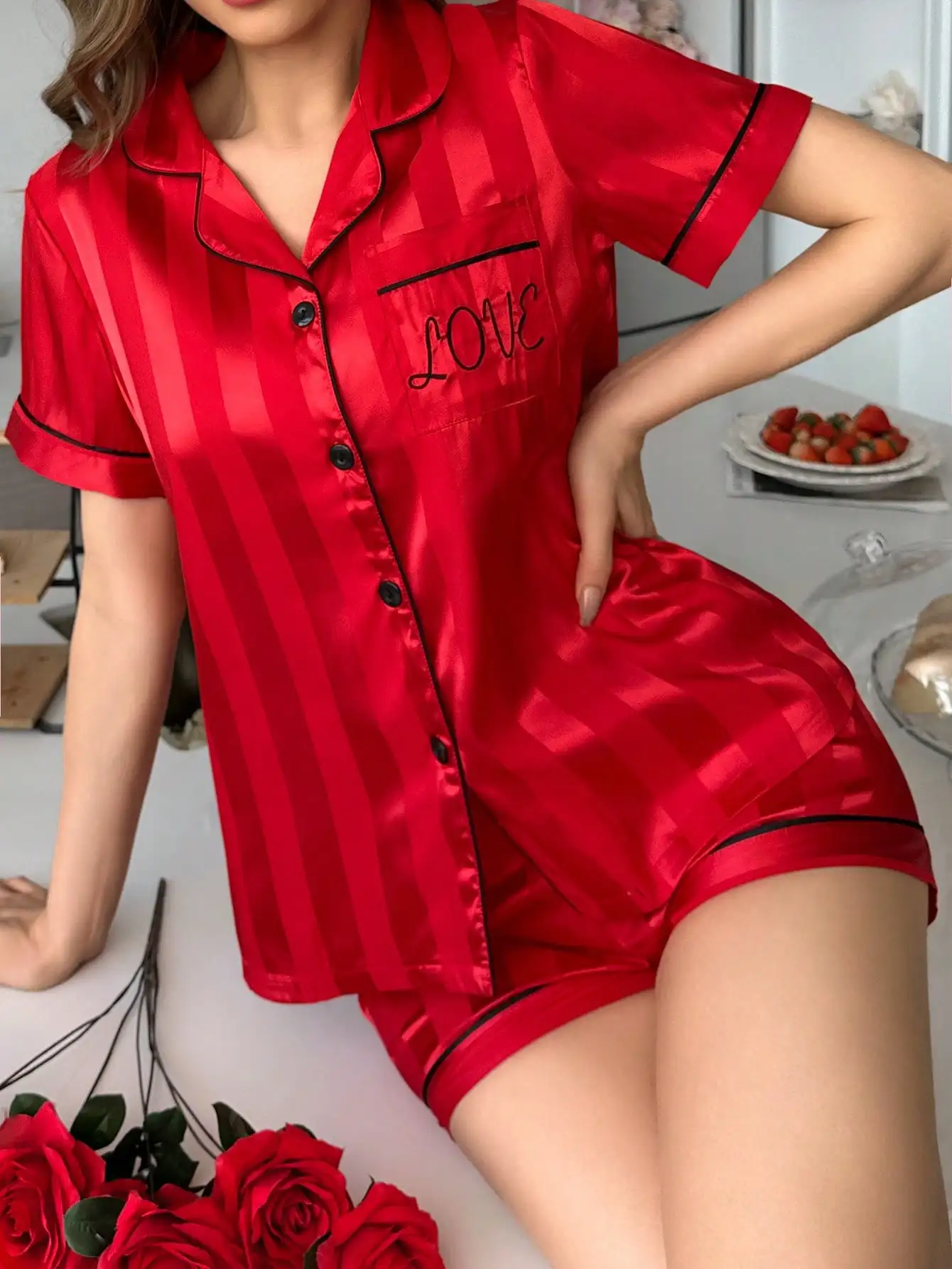 Red Striped Satin Button-Up Pajama Set with Embroidered Pocket
Red Striped Satin Button-Up Pajama Set with Embroidered Pocket