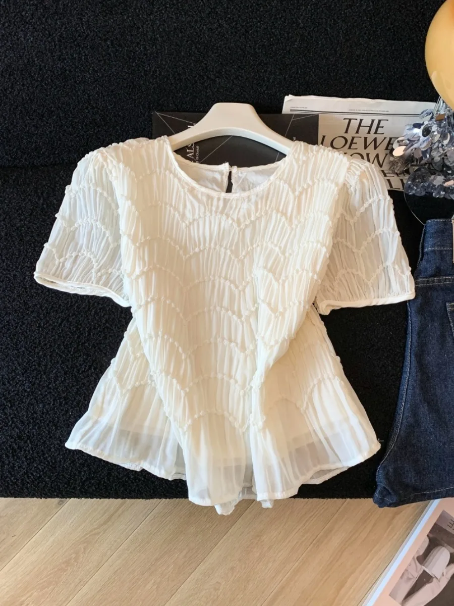 Color Wave Texture Chiffon Top Women's Summer New Fashion Thin Short Sleeve round Neck Blouse Korean Style
Color Wave Texture Chiffon Top Women's Summer New Fashion Thin Short Sleeve round Neck Blouse Korean Style
