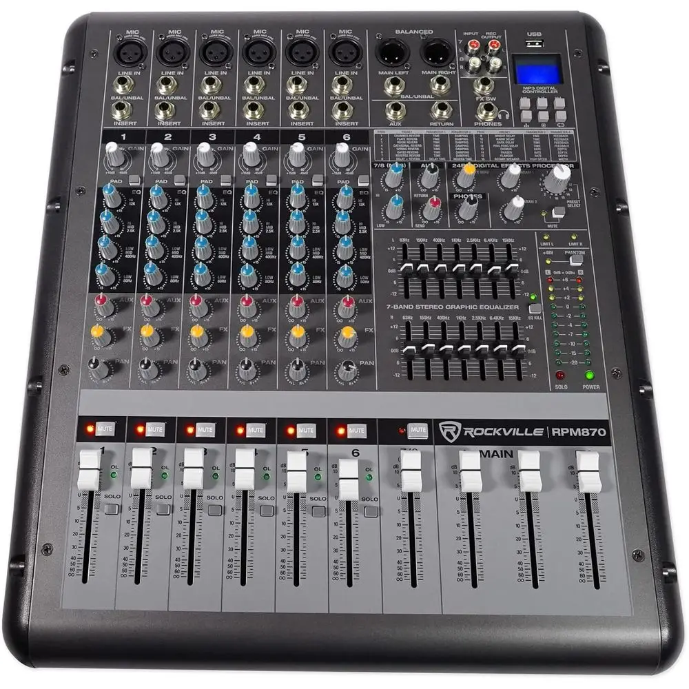 RPM870 6000w Powered Mixer, 8 Channel, 8 XDR2 Mic Pres, USB, 24-Bit Eects, Bluetooth, or Live Bands and DJs
RPM870 6000w Powered Mixer, 8 Channel, 8 XDR2 Mic Pres, USB, 24-Bit Eects, Bluetooth, or Live Bands and DJs