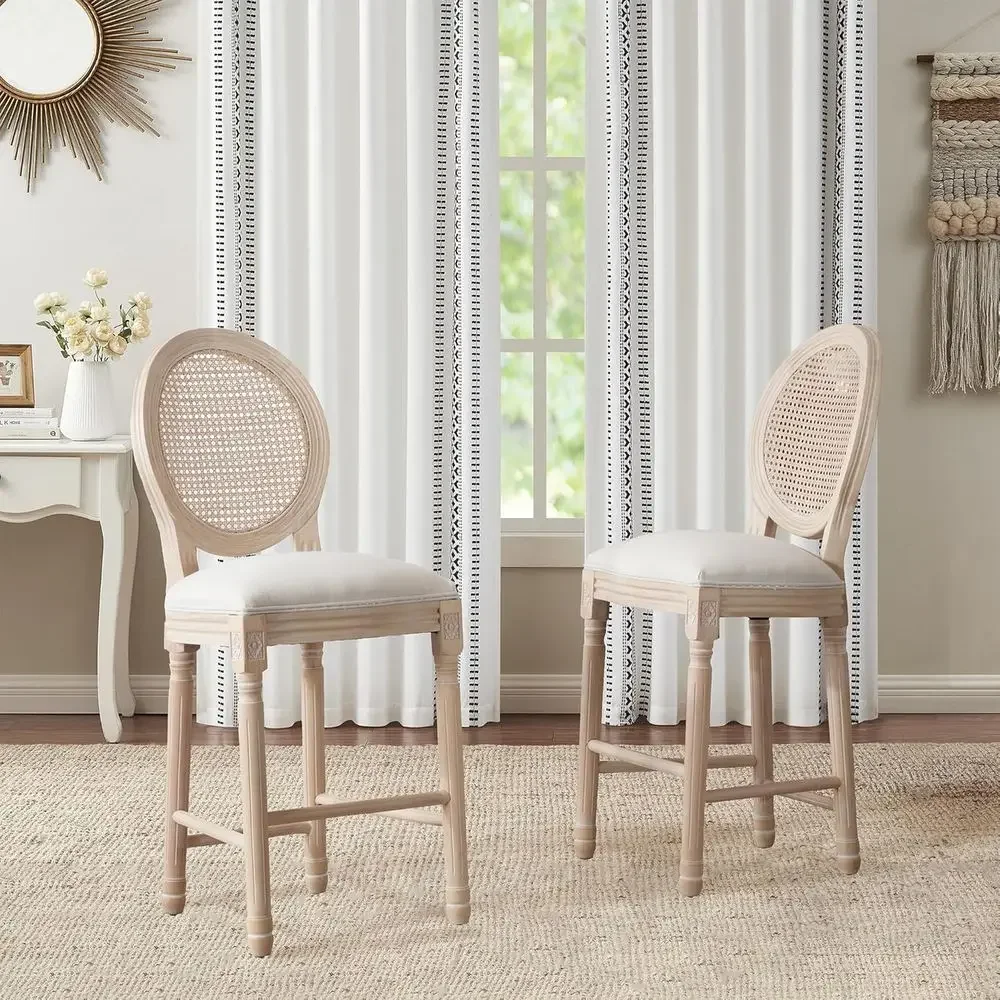 Vintage Wooden Bar Stools Set of 2, 26 Seat Height with Rattan Back and Linen Upholstered Seating, Beige
Vintage Wooden Bar Stools Set of 2, 26 Seat Height with Rattan Back and Linen Upholstered Seating, Beige
