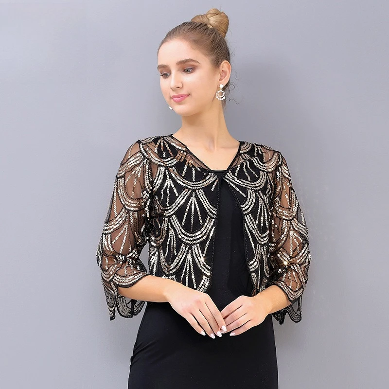 Женская короткая куртка в стиле 1920-х годов с пайетками и бисером, V-образный вырез, расклешенные рукава, прозрачный шифон, ретро-вечерний топ
Женская короткая куртка в стиле 1920-х годов с пайетками и бисером, V-образный вырез, расклешенные рукава, прозрачный шифон, ретро-вечерний топ