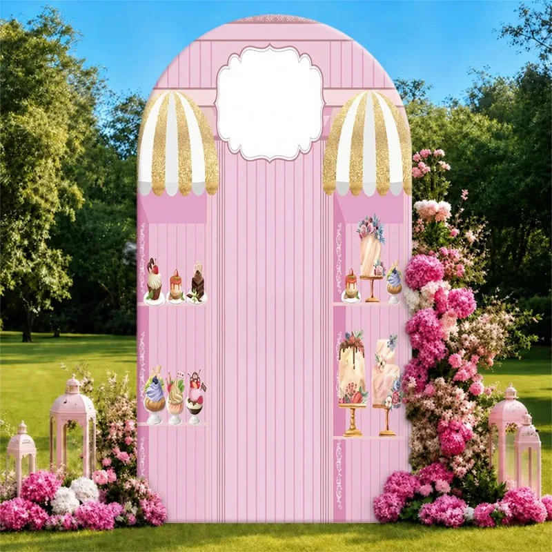 Single Side Arch Backdrop Cover Elegant Pink Arched Party Backdrop with Gold Striped Canopies and Decorative Shelves Featuring
Single Side Arch Backdrop Cover Elegant Pink Arched Party Backdrop with Gold Striped Canopies and Decorative Shelves Featuring