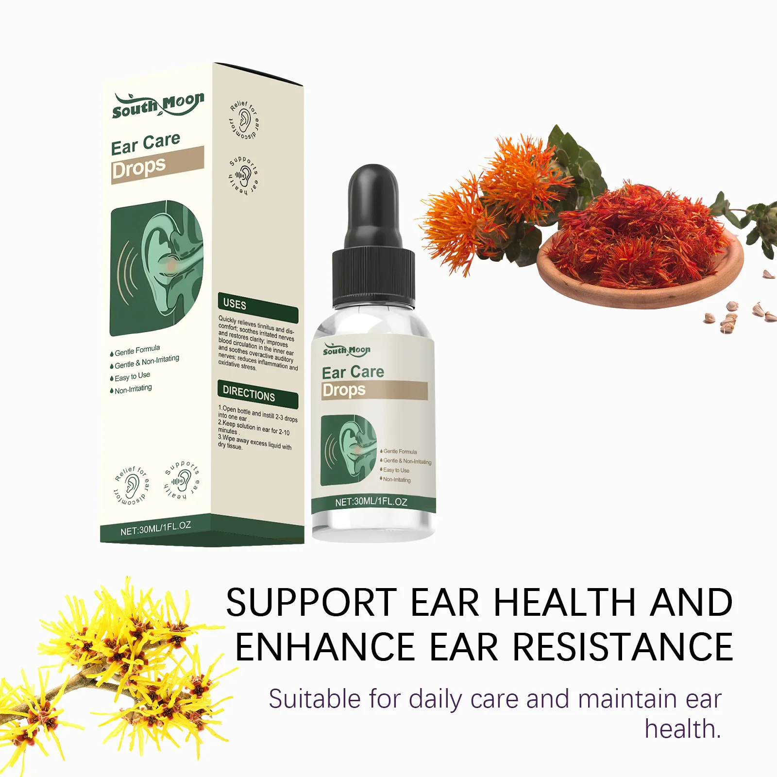 South Moon Ear Soothe Drops Relief Ear Canal Discomfort Relieve Ringing Mild Clean Earwax Herbal Extract Tinnitus Relief Drops
South Moon Ear Soothe Drops Relief Ear Canal Discomfort Relieve Ringing Mild Clean Earwax Herbal Extract Tinnitus Relief Drops
