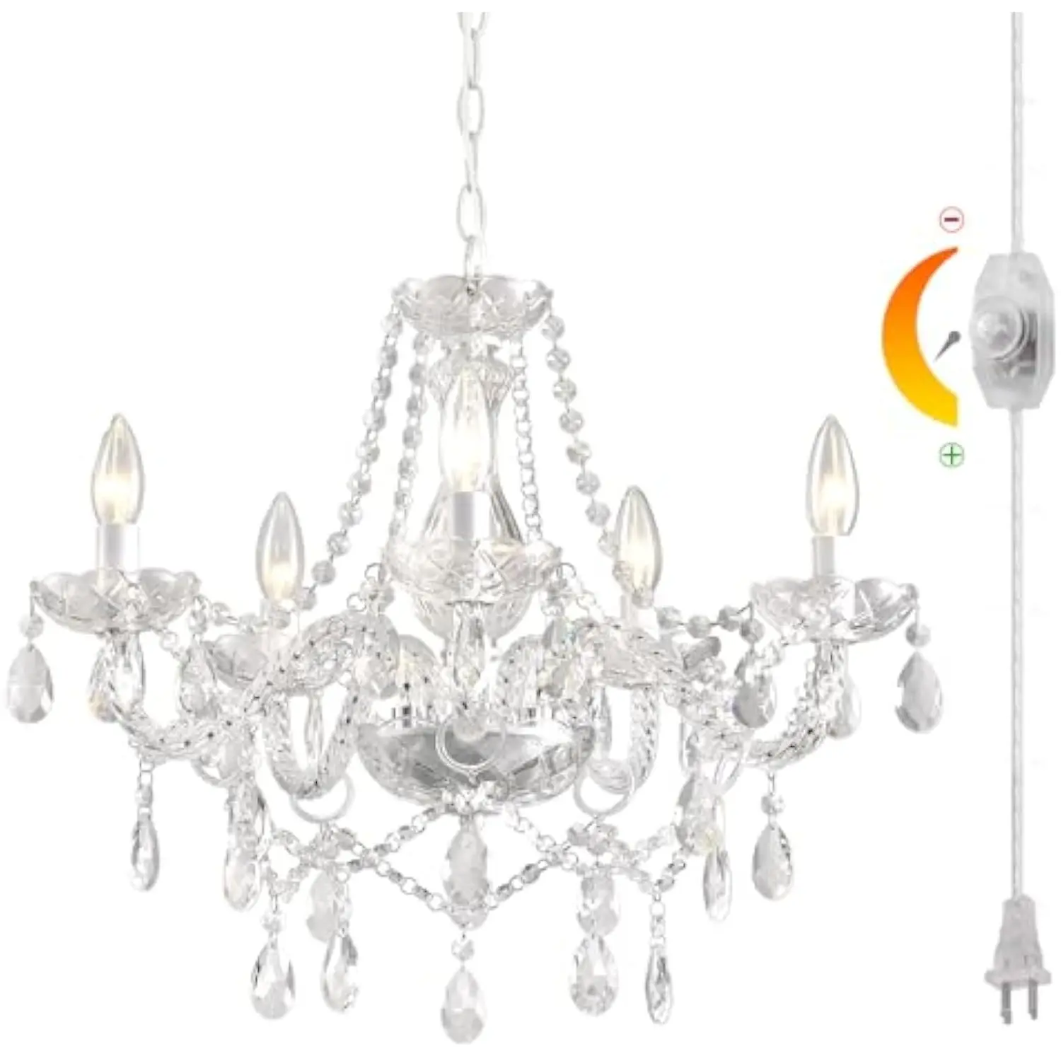 Dimmable plug-in glass chandelier 5 light crystal, white hanging pendant light fixture with cord, classic vintage k9 crystals b 
Dimmable plug-in glass chandelier 5 light crystal, white hanging pendant light fixture with cord, classic vintage k9 crystals b