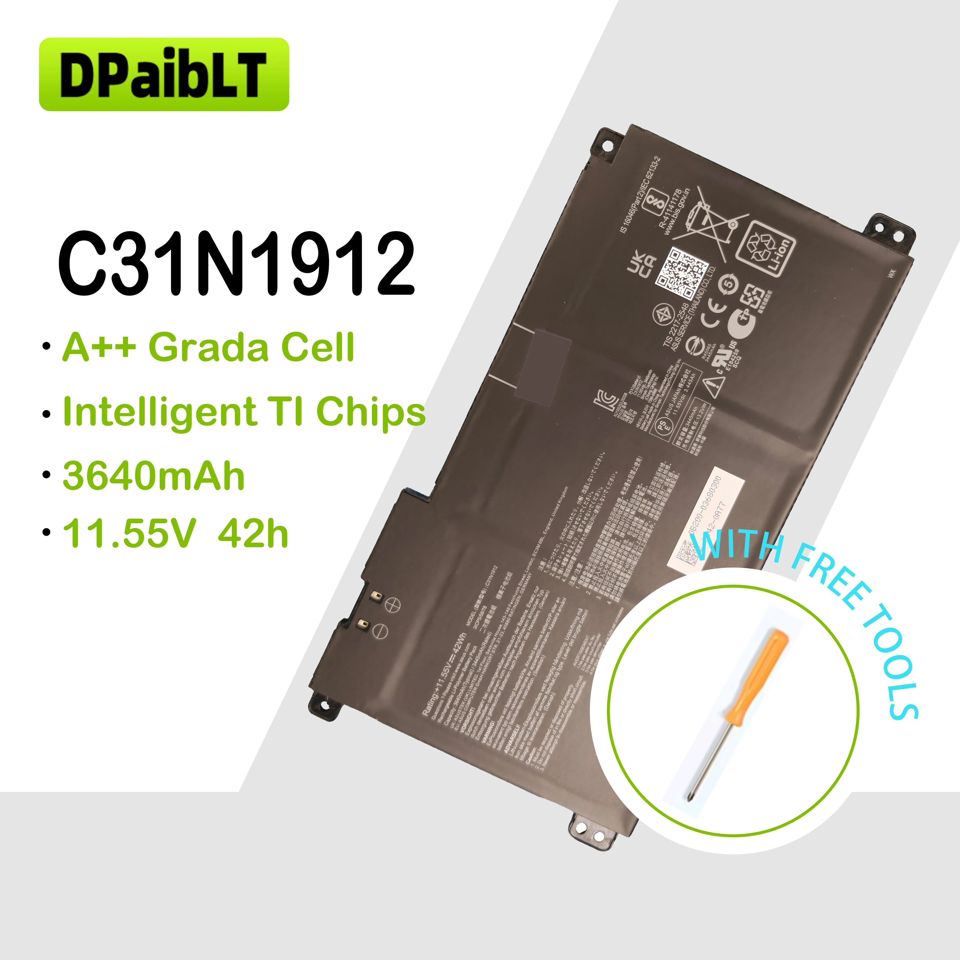 DPaibLT 11.55V 42Wh C31N1912 B31N1912 LAPTOP BATTERY for Asus VivoBook 14 E410MA-EK018TS EK026TS BV162T F414MA EK017TS E510MA
DPaibLT 11.55V 42Wh C31N1912 B31N1912 LAPTOP BATTERY for Asus VivoBook 14 E410MA-EK018TS EK026TS BV162T F414MA EK017TS E510MA