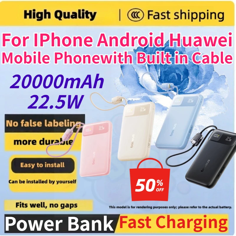 High Capacity 20000mAh 22.5W Power Bank with Built-in Cable for IPhone Android Huawei Mobile Phone Fast Charging Powerbank
High Capacity 20000mAh 22.5W Power Bank with Built-in Cable for IPhone Android Huawei Mobile Phone Fast Charging Powerbank