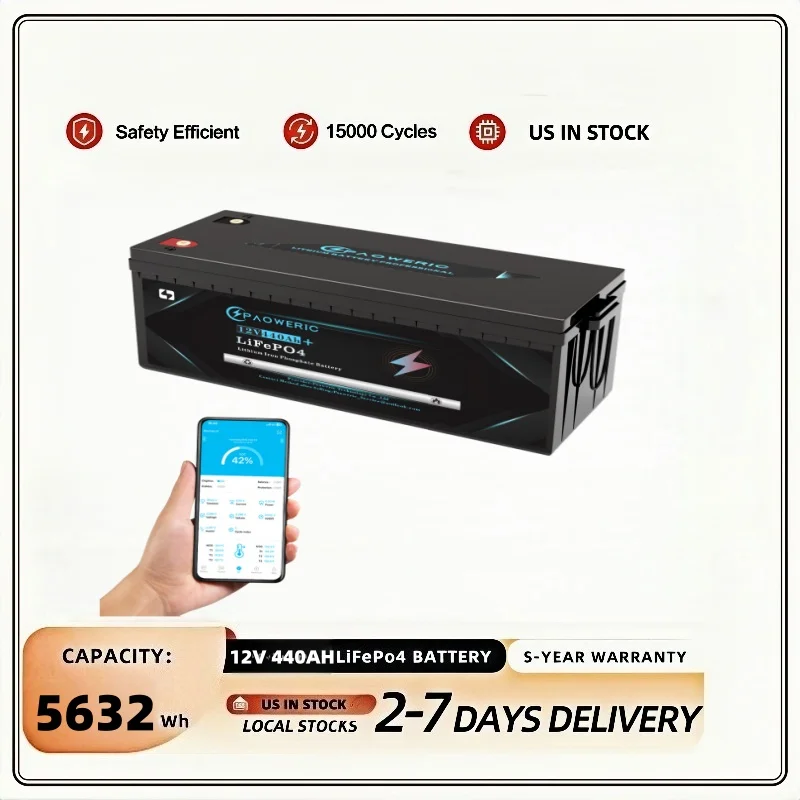 12V 440Ah LiFePO4 Lithium Battery with 250A BMS,Compact Lithium Iron Phosphate Battery for Solar, RV, Home Energy Storage
12V 440Ah LiFePO4 Lithium Battery with 250A BMS,Compact Lithium Iron Phosphate Battery for Solar, RV, Home Energy Storage