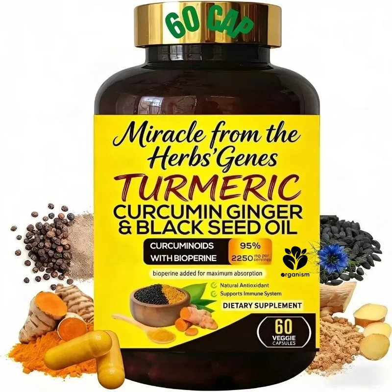 Curcumin ginger and black seed oil capsules 2250mg contain BioPerin immune system, antioxidants, and joint health support
Curcumin ginger and black seed oil capsules 2250mg contain BioPerin immune system, antioxidants, and joint health support