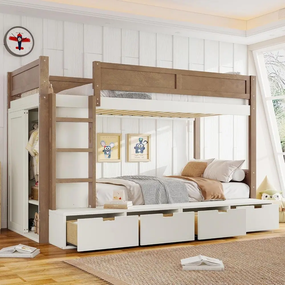 Solid Wood Twin Over Twin Bunk Bed with 4 Drawers, Wardrobe, and Guardrails - Space-Saving for Kids/Teens, Beige Natural, No Box
Solid Wood Twin Over Twin Bunk Bed with 4 Drawers, Wardrobe, and Guardrails - Space-Saving for Kids/Teens, Beige Natural, No Box