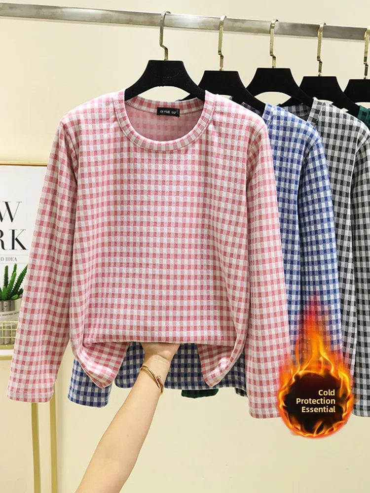 Fleece Lined Thermal T-Shirt Women's Long Sleeve Sleepwear Home Clothes plus Size Slimming Grid Base Shirt Casual Style
Fleece Lined Thermal T-Shirt Women's Long Sleeve Sleepwear Home Clothes plus Size Slimming Grid Base Shirt Casual Style