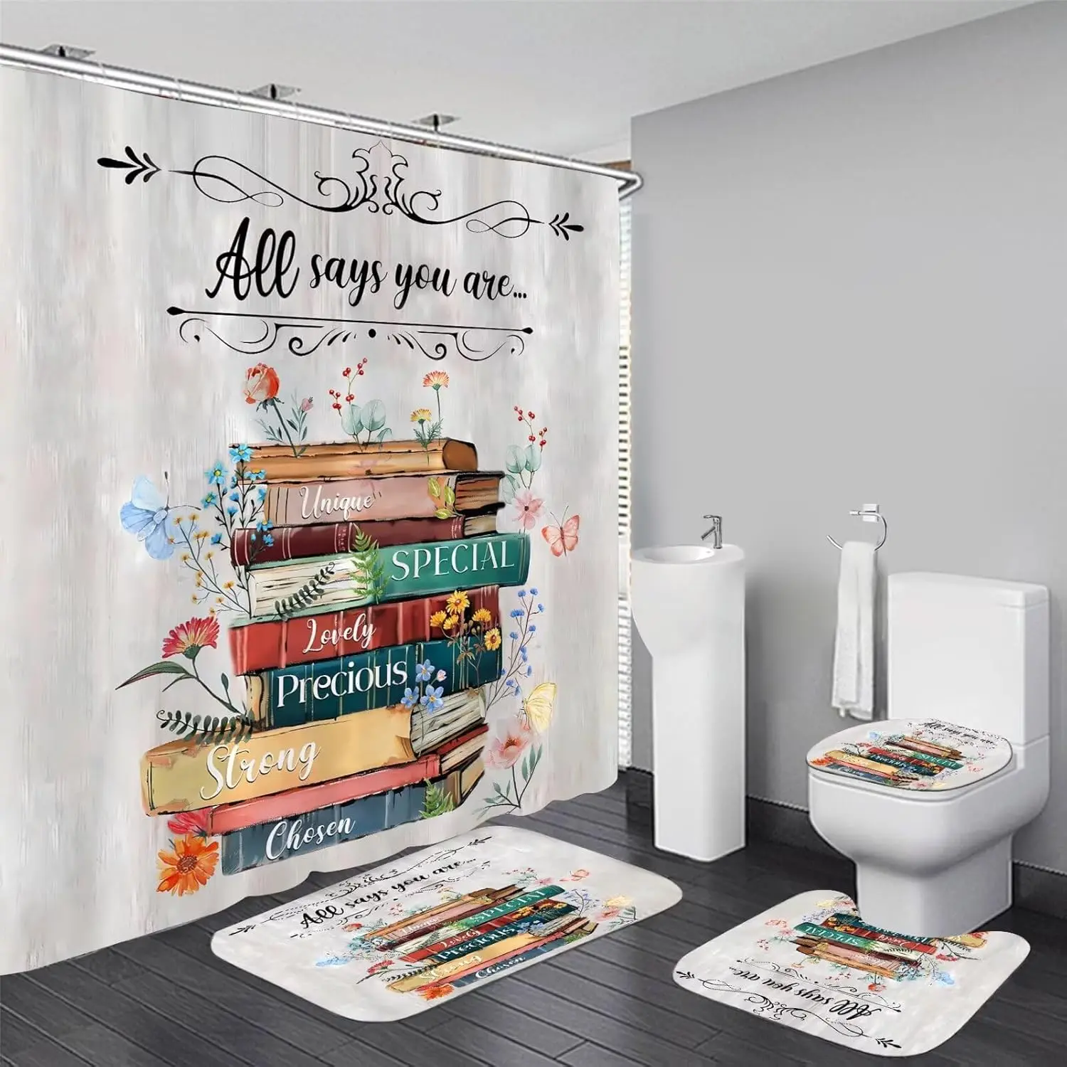 4PC Books-Themed Shower Curtain Set - Colorful Inspirational Quotes with Non-Slip Rugs & Hooks, Floral Library Bathroom Decor
4PC Books-Themed Shower Curtain Set - Colorful Inspirational Quotes with Non-Slip Rugs & Hooks, Floral Library Bathroom Decor