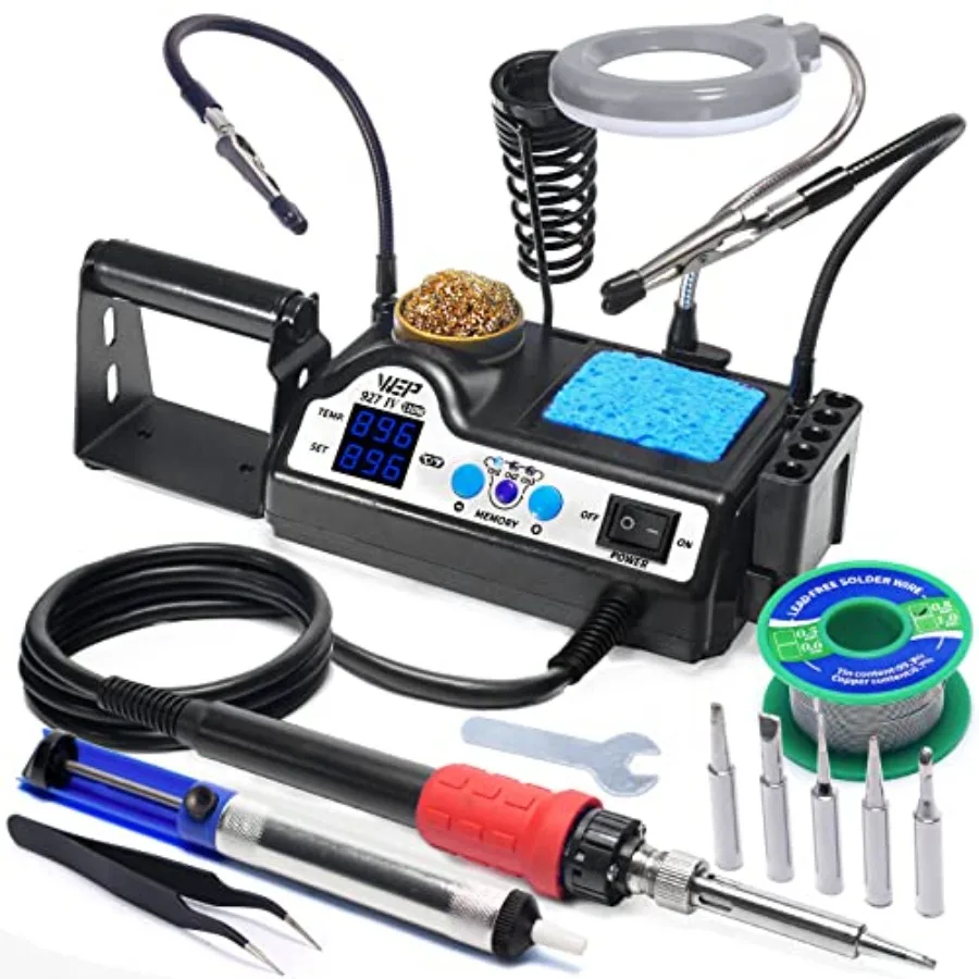 927-IV Soldering Station Kit High-Power 110W with 3 Preset Channels Sleep Mode LED Magnifier 5 Extra Iron Tips Tip Cleaner 2 He
927-IV Soldering Station Kit High-Power 110W with 3 Preset Channels Sleep Mode LED Magnifier 5 Extra Iron Tips Tip Cleaner 2 He