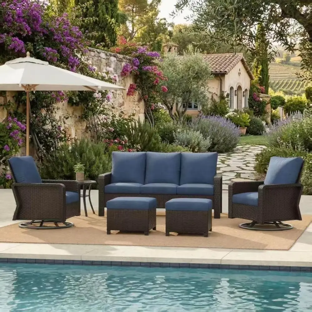 All-Weather 6-Piece Navy Blue Wicker Patio Furniture Set with Sofa, Swivel Chairs, Ottomans & Cushions
All-Weather 6-Piece Navy Blue Wicker Patio Furniture Set with Sofa, Swivel Chairs, Ottomans & Cushions