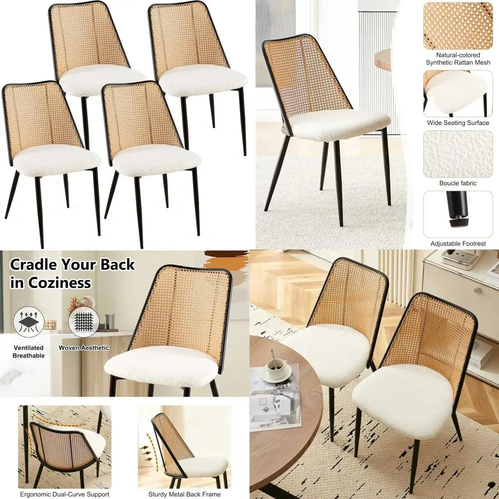 Set of 4 Modern Mid-Century Rattan Dining Chairs, Upholstered Kitchen Chairs with Boucle Fabric and Metal Frame
Set of 4 Modern Mid-Century Rattan Dining Chairs, Upholstered Kitchen Chairs with Boucle Fabric and Metal Frame