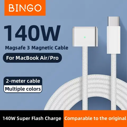 2025 New Multi-Color USB-C to Magsafe 3 PD 140W Magnetic Charging Braid Cable, For MacBook Air/Pro A2485 A2442 A2681 A2780 A2779