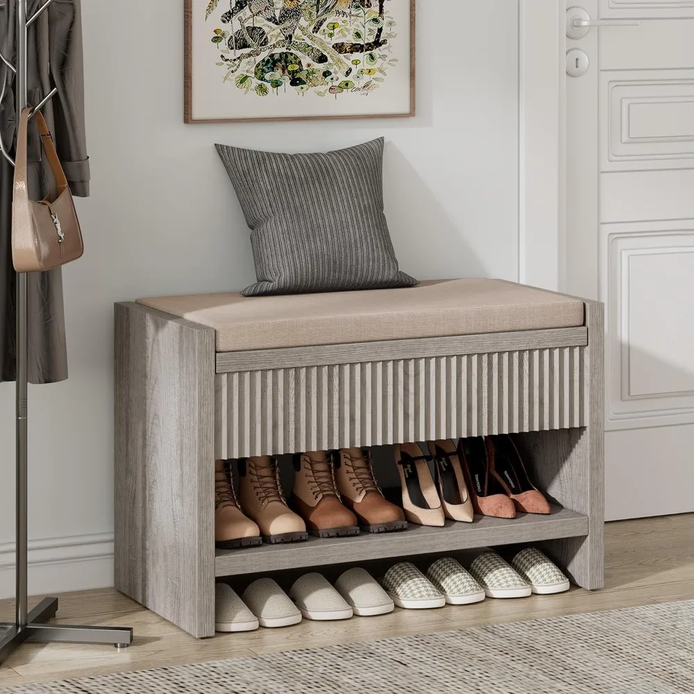 Modern Fluted Shoe Bench - Entryway Bench with Lift Top Storage, Wood Bench with Linen Cushion and Shelf 
Modern Fluted Shoe Bench - Entryway Bench with Lift Top Storage, Wood Bench with Linen Cushion and Shelf