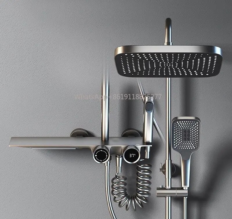 Thermostatic Shower Valve Mixer Set and Hand Shower With 4 valve Large Shelf Shower Set LED Digital Smart Wall Mounted
Thermostatic Shower Valve Mixer Set and Hand Shower With 4 valve Large Shelf Shower Set LED Digital Smart Wall Mounted