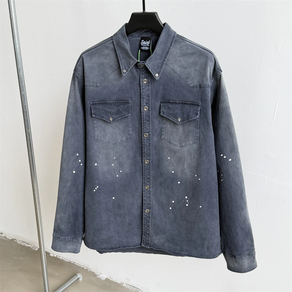 Saint 26AW indigo double shoulder distressed workwear Shirts Men Women Washed Heavy Fabric Unisex Hole Shirt
Saint 26AW indigo double shoulder distressed workwear Shirts Men Women Washed Heavy Fabric Unisex Hole Shirt