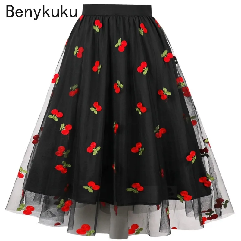 Vintage Cherry Cute Pleated Skirt Embroidered Mesh Overlay Women Clothes 2024 Summer High Waist Black Long Skirt Vestido Mujer
Vintage Cherry Cute Pleated Skirt Embroidered Mesh Overlay Women Clothes 2024 Summer High Waist Black Long Skirt Vestido Mujer