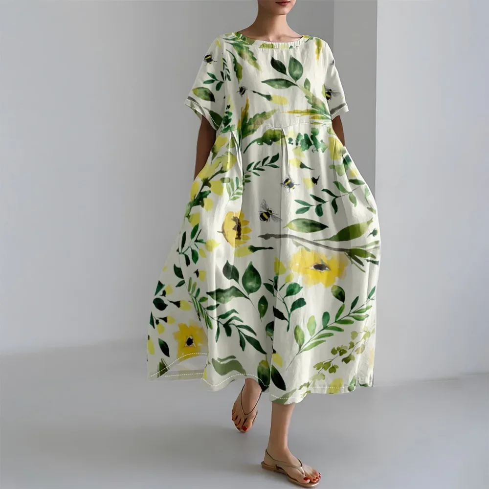 Fresh Green Leaf Print Loose Casual Round Neck Dress Boho Summer Chic Dresses Oversized Dress Elegant Women's Midi Dress
Fresh Green Leaf Print Loose Casual Round Neck Dress Boho Summer Chic Dresses Oversized Dress Elegant Women's Midi Dress