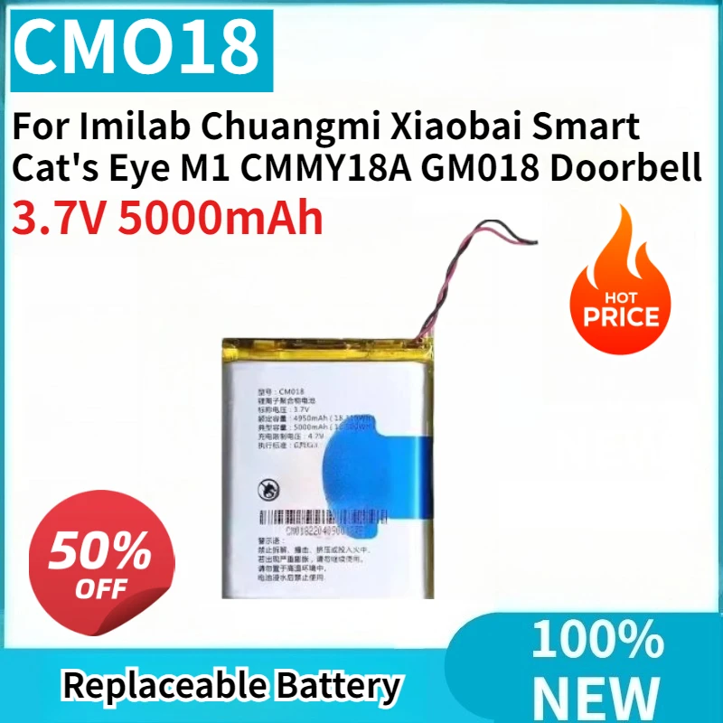 New Replaceable Battery CM018 3.7V 5000mAh for Imilab Chuangmi Xiaobai Smart Cat's Eye M1 CMMY18A GM018 Doorbell Battery
New Replaceable Battery CM018 3.7V 5000mAh for Imilab Chuangmi Xiaobai Smart Cat's Eye M1 CMMY18A GM018 Doorbell Battery