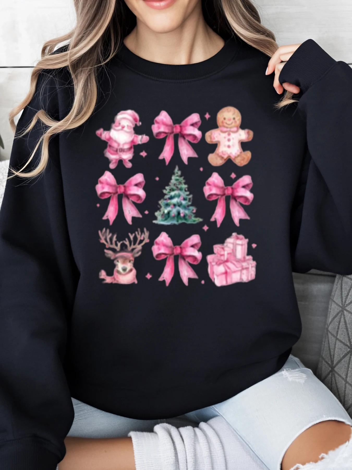 Розовый праздничный свитшот с принтом рождественских персонажей, женская повседневная одежда, наряд для вечеринки, черный, больших размеров
Розовый праздничный свитшот с принтом рождественских персонажей, женская повседневная одежда, наряд для вечеринки, черный, больших размеров