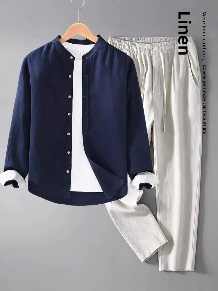 Linen Short Sleeve Long Pants Set Men's Stand Collar Pocket Thin Top Elastic Waist Drawstring Straight Leg Pants Two Piece Set
Linen Short Sleeve Long Pants Set Men's Stand Collar Pocket Thin Top Elastic Waist Drawstring Straight Leg Pants Two Piece Set