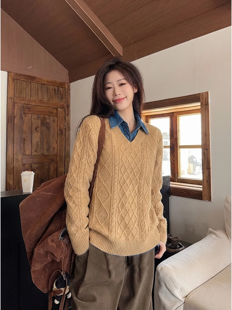 Ele Knitted Sweater with Denim Collar Women's Early Spring Slimming Vintage Sle Top Faion Neutral Loose Fit Long Sve
Ele Knitted Sweater with Denim Collar Women's Early Spring Slimming Vintage Sle Top Faion Neutral Loose Fit Long Sve