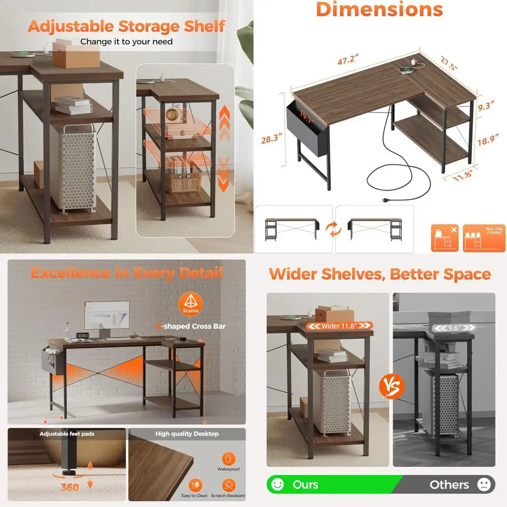 Compact L-Shaped Gaming Desk with Power Outlets, Corner Storage, and Reversible Shelves for Home Office Efficiency
Compact L-Shaped Gaming Desk with Power Outlets, Corner Storage, and Reversible Shelves for Home Office Efficiency