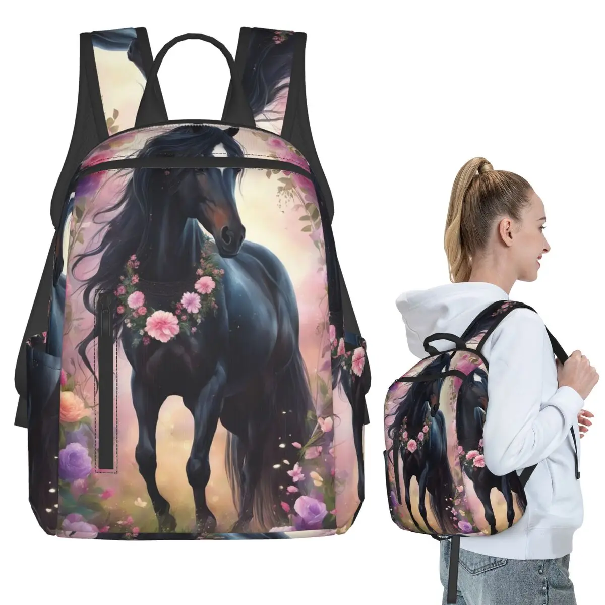 Flowers Surround Black Horse Print Backpack Student BookBag Children School Bag Laptop Shoulder Bags Men Women
Flowers Surround Black Horse Print Backpack Student BookBag Children School Bag Laptop Shoulder Bags Men Women