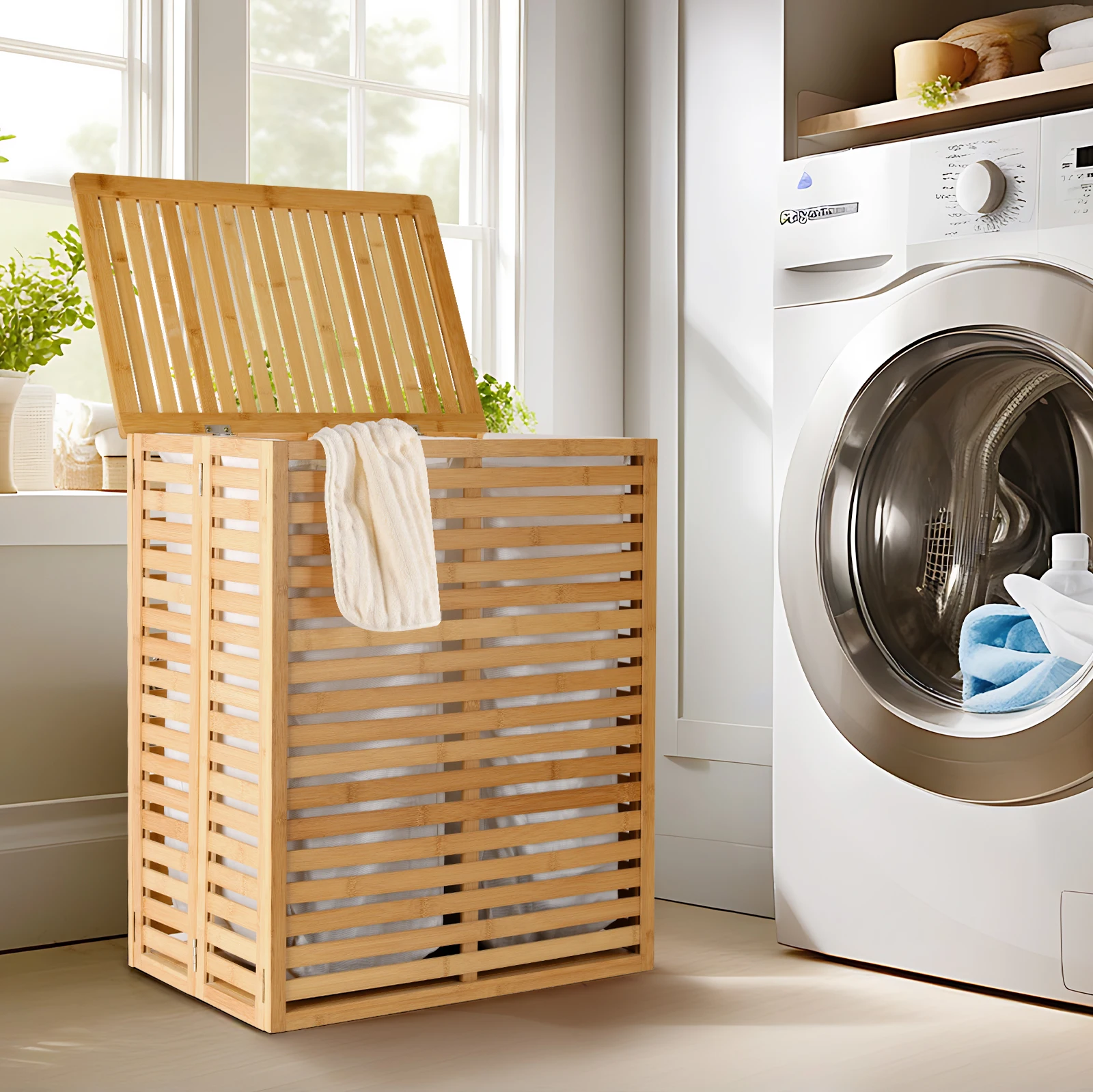 Bamboo Laundry Hamper with Lid,foldable laundry basket,2-Section Removable Liner Bag,for Bathroom, Bedroom, and Laundry Room
Bamboo Laundry Hamper with Lid,foldable laundry basket,2-Section Removable Liner Bag,for Bathroom, Bedroom, and Laundry Room