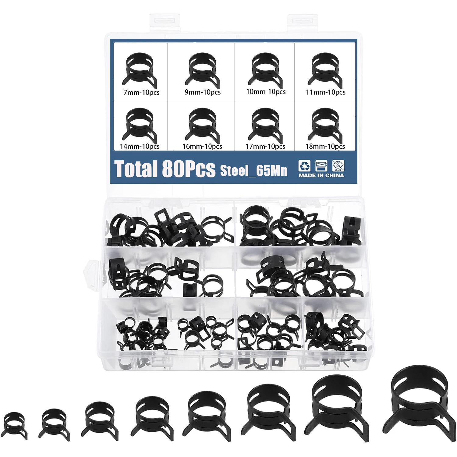 80Pcs 7-18mm 8 Sizes Black Q673B Vacuum Spring Fuel Oil Water Hose Clip Pipe Tube for Band Clamp Metal Fastener Assortment Kit
80Pcs 7-18mm 8 Sizes Black Q673B Vacuum Spring Fuel Oil Water Hose Clip Pipe Tube for Band Clamp Metal Fastener Assortment Kit