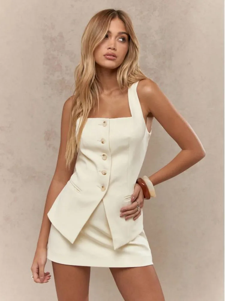 Elegant Temperament Mini Skirt Set Women Solid Square Collar Single-Breasted Sleeveless Top With Mini Skirt 2025 New Fashion Set
Elegant Temperament Mini Skirt Set Women Solid Square Collar Single-Breasted Sleeveless Top With Mini Skirt 2025 New Fashion Set