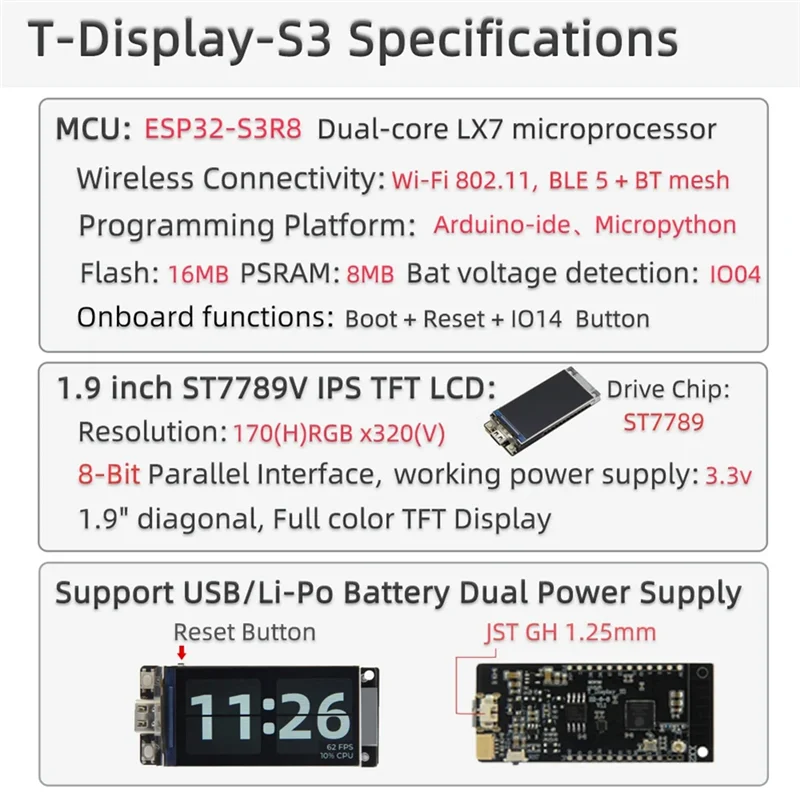 A45F-ESP32-S3R8 T-Display-S3 Development Board 1.9 Inch LCD Display WIFI Bluetooth 5.0 170X320 Wireless Module
A45F-ESP32-S3R8 T-Display-S3 Development Board 1.9 Inch LCD Display WIFI Bluetooth 5.0 170X320 Wireless Module