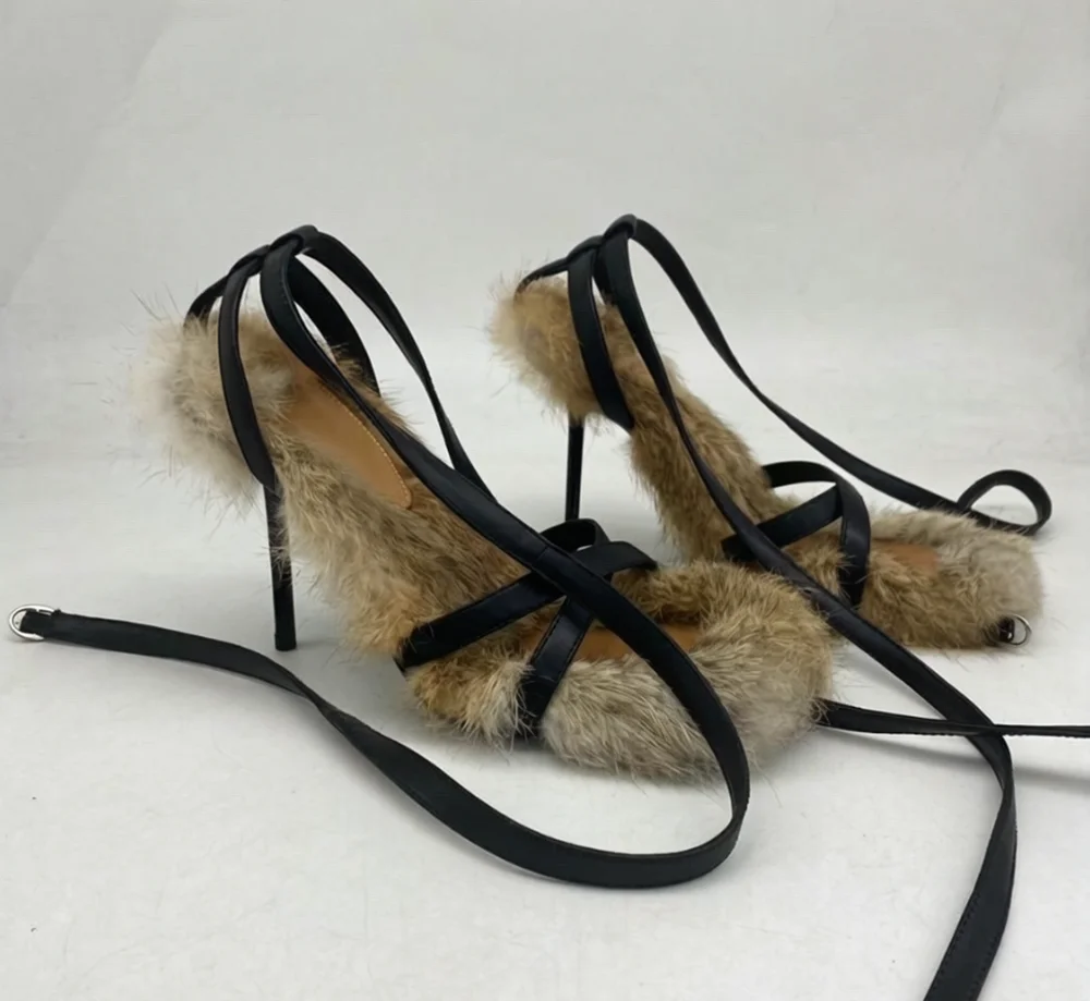 Faux Fur Strappy Wrap Heeled Sandals Black Leather Cross Straps Stiletto Heel Open-Toe Sexy Style Footwear for Night-Out Looks
Faux Fur Strappy Wrap Heeled Sandals Black Leather Cross Straps Stiletto Heel Open-Toe Sexy Style Footwear for Night-Out Looks