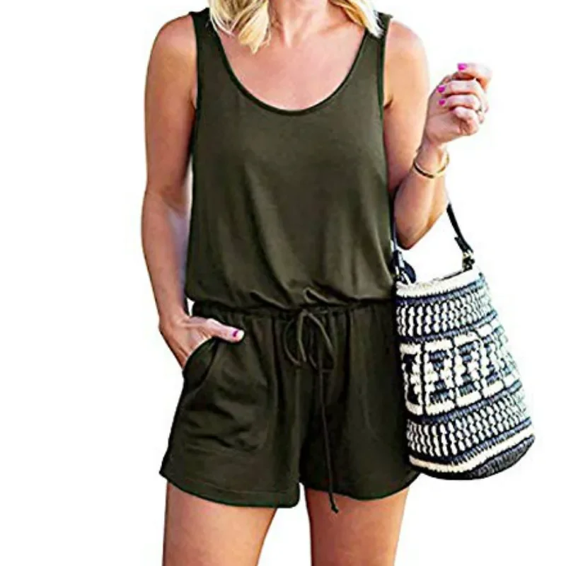 Women Summer Solid Sleeveless Casual Shorts Rompers O-Neck Casual Female Playsuits Pockets Striped Sashes Streetwear
Women Summer Solid Sleeveless Casual Shorts Rompers O-Neck Casual Female Playsuits Pockets Striped Sashes Streetwear