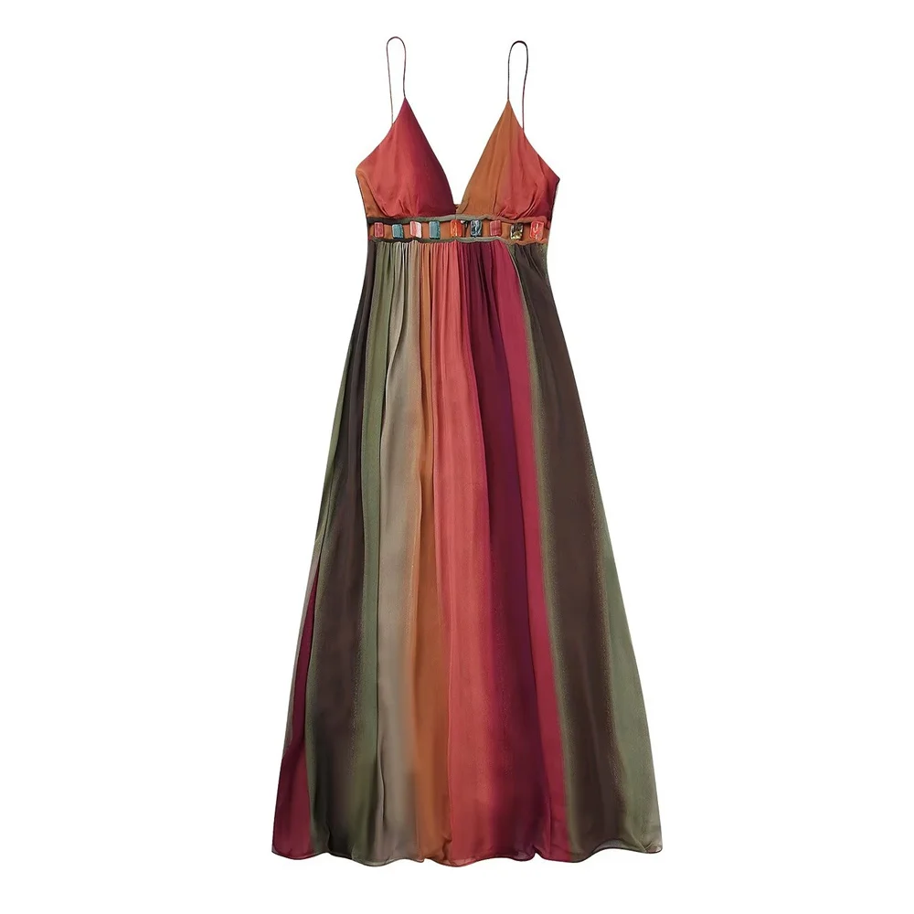 Colorful Striped Sling Midi Dress for Women Summer Beach Pleated V-Neck Backless Stone Decoration Long Vestido Boho Holiday Robe
Colorful Striped Sling Midi Dress for Women Summer Beach Pleated V-Neck Backless Stone Decoration Long Vestido Boho Holiday Robe