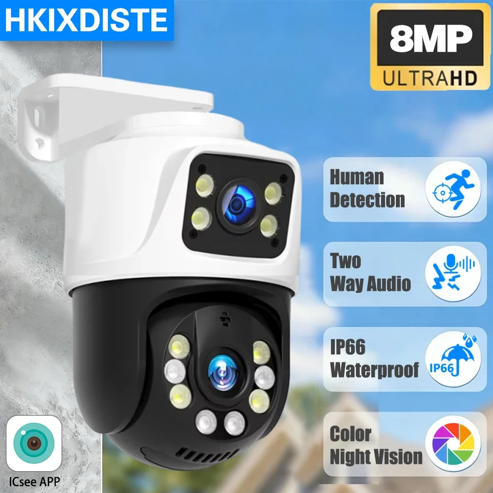 Outdoor Wireless 8MP ICsee PTZ POE IP Camera Dual Lens Dual Screen Smart Security CCTV Video Surveillance Camera Human Detection
Outdoor Wireless 8MP ICsee PTZ POE IP Camera Dual Lens Dual Screen Smart Security CCTV Video Surveillance Camera Human Detection