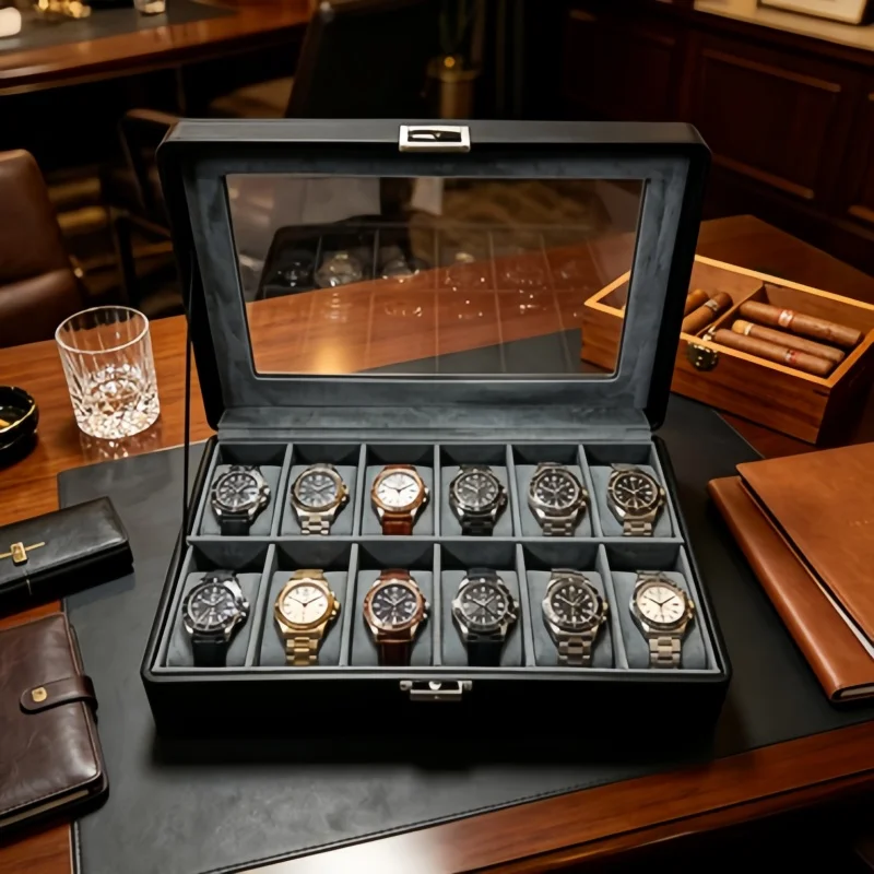 12 Slot Watch Display Box with Clear Window, Lockable Leather Watch Storage Case + 6 Self-Closing Pouches for Watch Collectors
12 Slot Watch Display Box with Clear Window, Lockable Leather Watch Storage Case + 6 Self-Closing Pouches for Watch Collectors