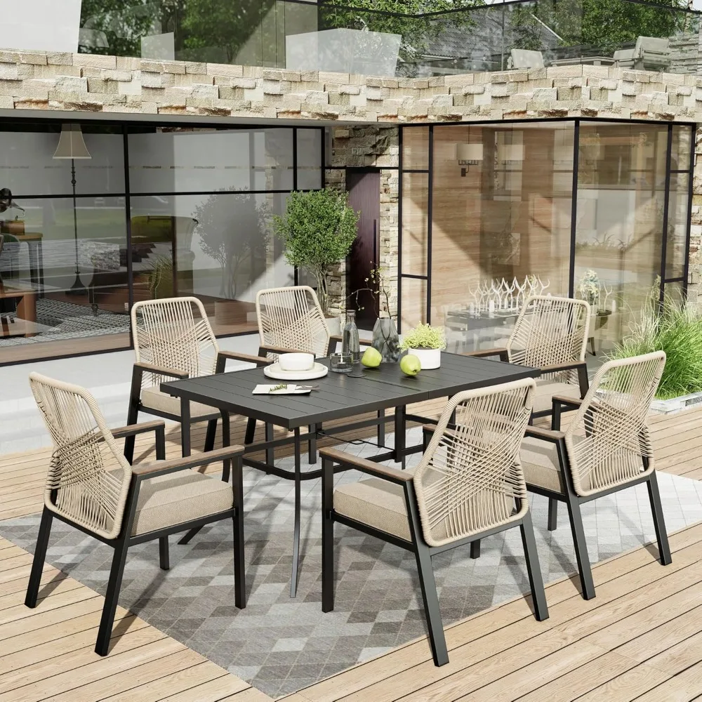 7 Pieces Patio Table and Chairs Set, Outdoor Dining Set for Cushioned Woven Rattan Patio Chairs and 1 x Black Metal Table
7 Pieces Patio Table and Chairs Set, Outdoor Dining Set for Cushioned Woven Rattan Patio Chairs and 1 x Black Metal Table